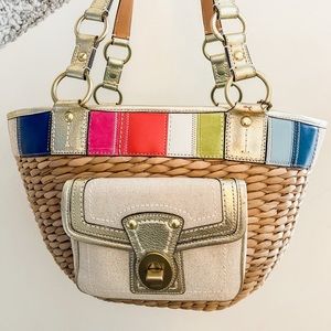 COACH Multi Stripe Legacy Straw Basket Tote Bag